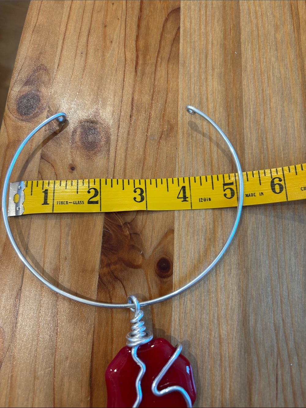 Red Pendant Bangle Necklace - Silver-Toned Wire Accent - Picture 4 of 5